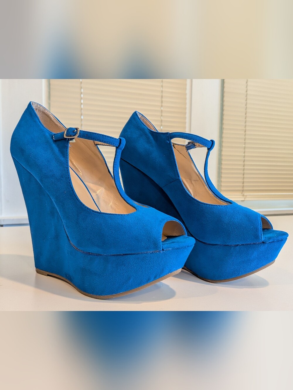 Breckelle's Blue Suede Peep-Toe T-Strap Platform Wedges